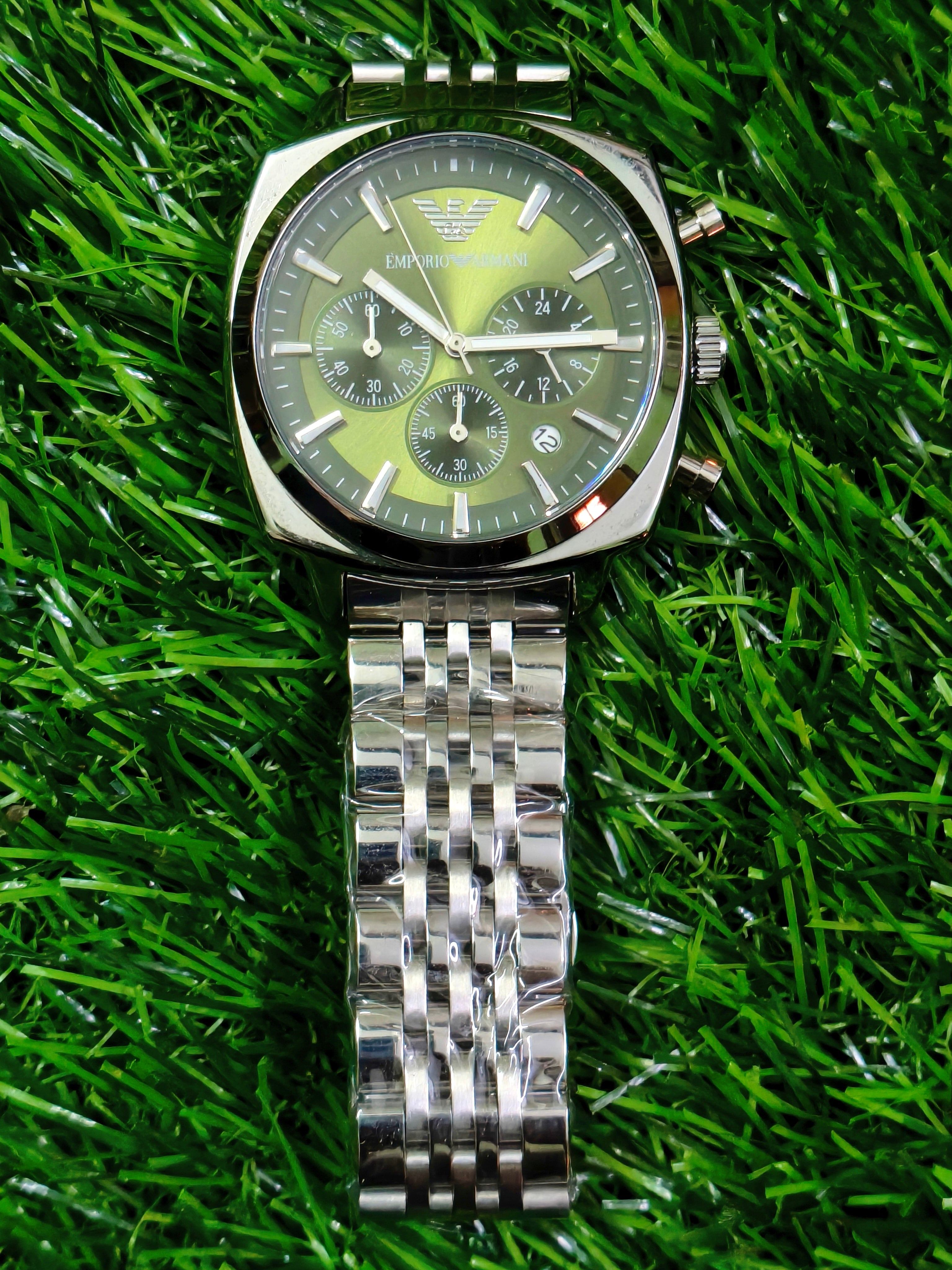 Emporio Armani Chronograph Watch – Olive Green Dial & Silver