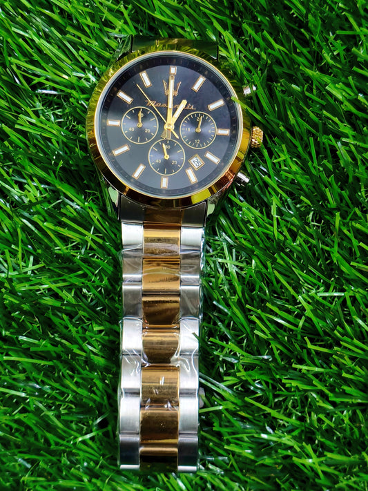 Maserati Chronograph Watch – Black Dial, Two-Tone Gold & Silver