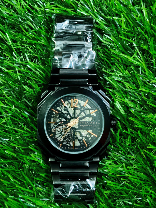 Bvlgari Octo Finissimo Eight Days skeleton watch with black DLC case and rose gold accents